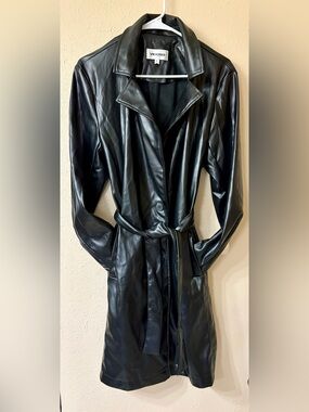 Vigoss Black Faux Leather Trench Coat with Belt